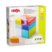 Jogo de Composição de Cubos 3D da Haba, composto por blocos coloridos em amarelo, laranja, azul, rosa, verde e vermelho, ideal para crianças a partir de 3 anos.