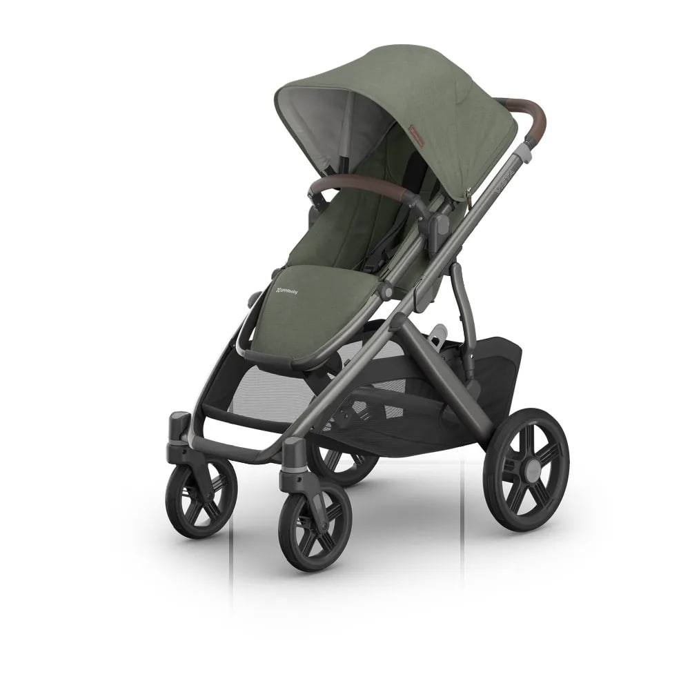Uppababy-Vista-V3-Evelyn–elegancki-wozek-spacerowy-w-zielonym-odcieniu-z-brazowymi-detalami.